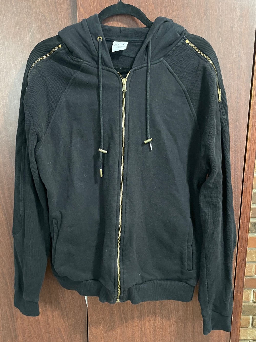 Zara Black Zip-Up Hoodie Jacket with Gold Accents